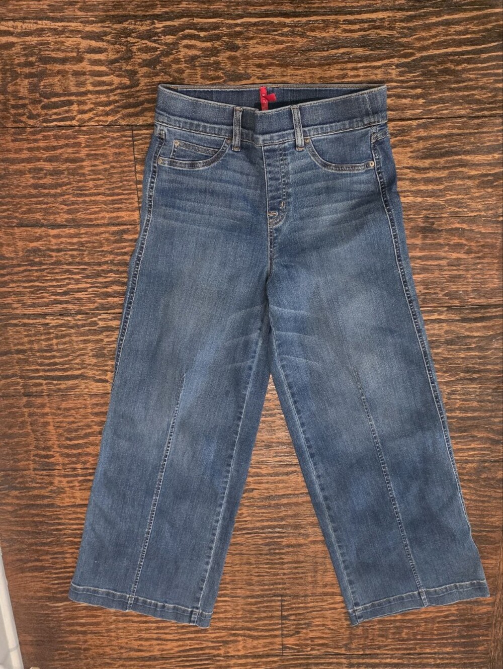 SPANX Women's Cropped Wide Leg Jeans Med Blue Wash Size M Pull-On Shaping Denim